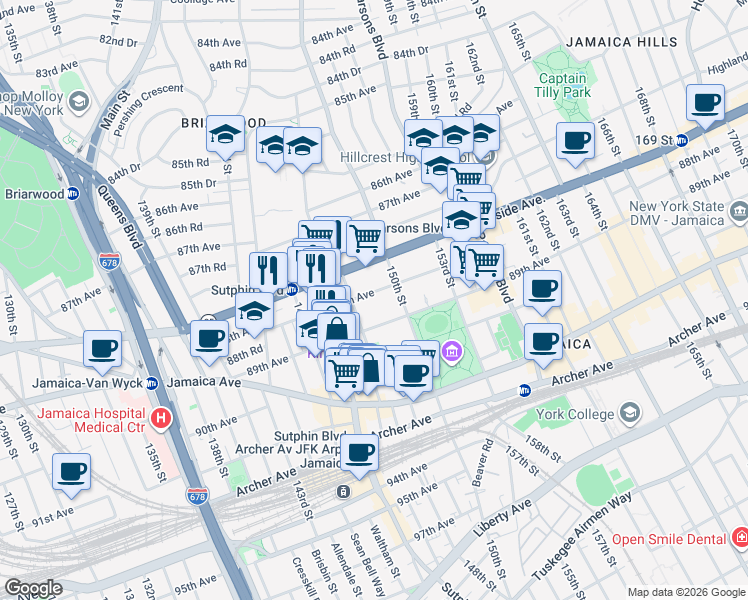 map of restaurants, bars, coffee shops, grocery stores, and more near 14817 88th Avenue in Queens