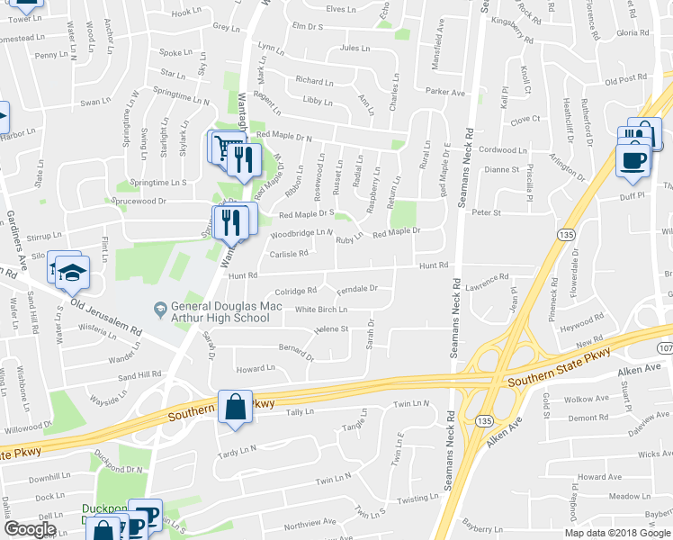 map of restaurants, bars, coffee shops, grocery stores, and more near 3697 Hunt Road in Wantagh