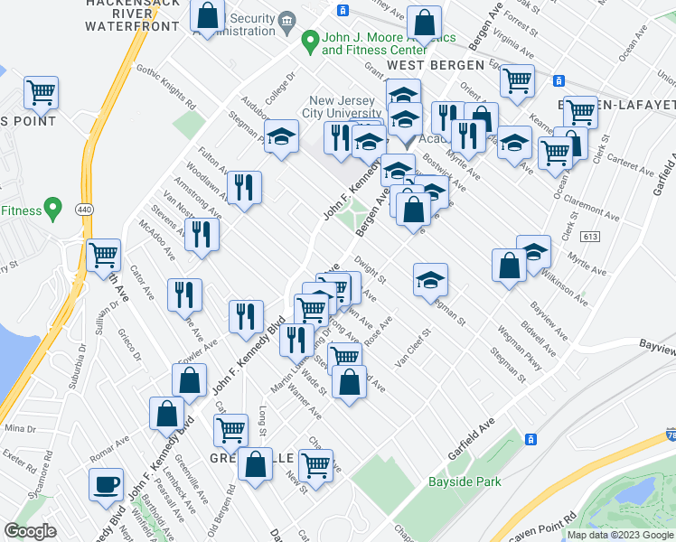 map of restaurants, bars, coffee shops, grocery stores, and more near 58 Bergen Avenue in Jersey City