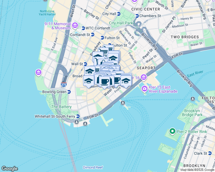 map of restaurants, bars, coffee shops, grocery stores, and more near 67 Wall Street in New York