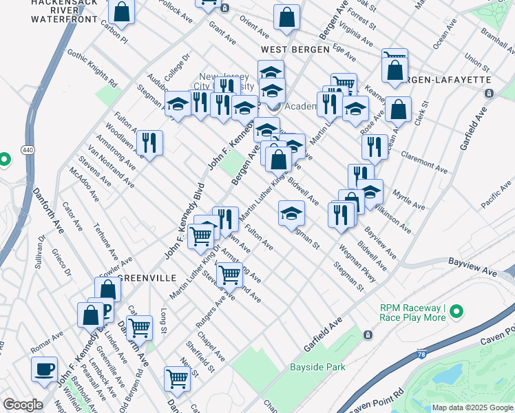 map of restaurants, bars, coffee shops, grocery stores, and more near 158 Martin Luther King Drive in Jersey City