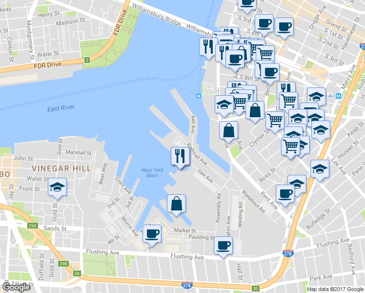 map of restaurants, bars, coffee shops, grocery stores, and more near Railroad Avenue in Brooklyn
