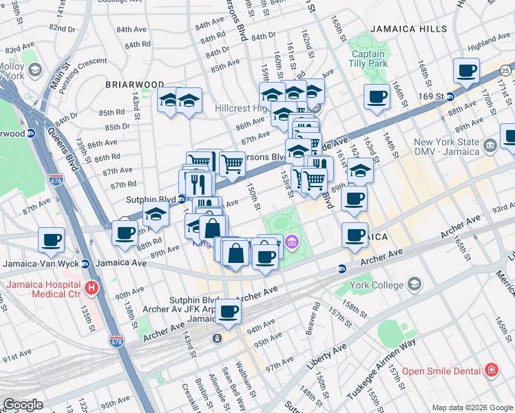 map of restaurants, bars, coffee shops, grocery stores, and more near 150-02 88th Avenue in Queens