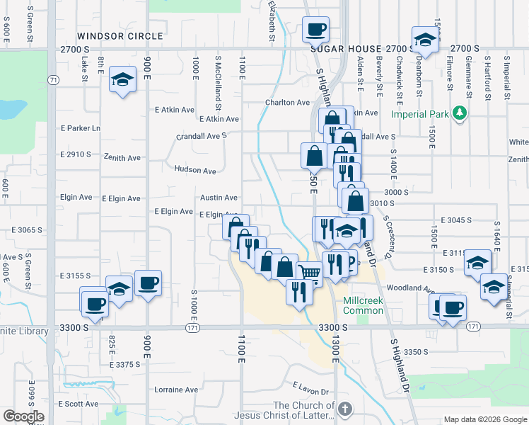 map of restaurants, bars, coffee shops, grocery stores, and more near 1140 East Elgin Avenue in Salt Lake City