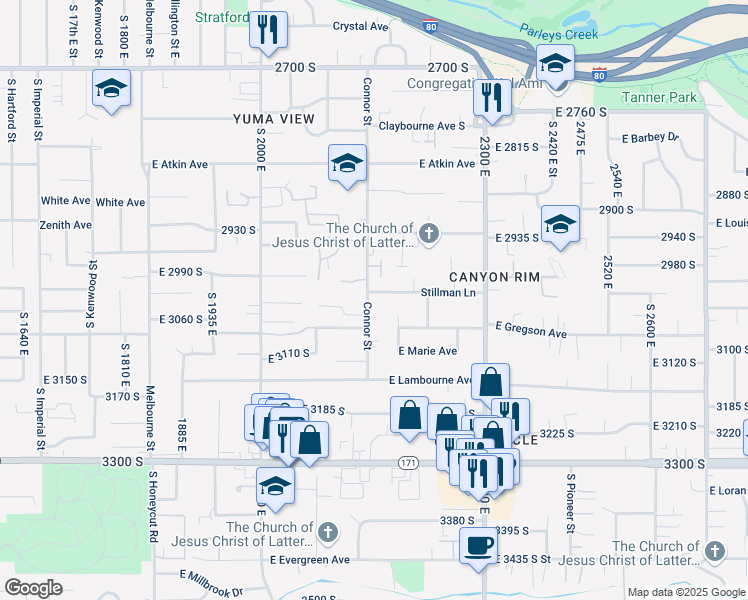 map of restaurants, bars, coffee shops, grocery stores, and more near 3015 Connor Street in Salt Lake City