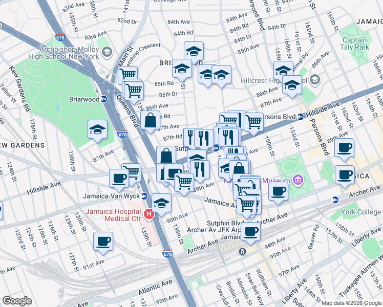 map of restaurants, bars, coffee shops, grocery stores, and more near 8758 144th Street in Queens