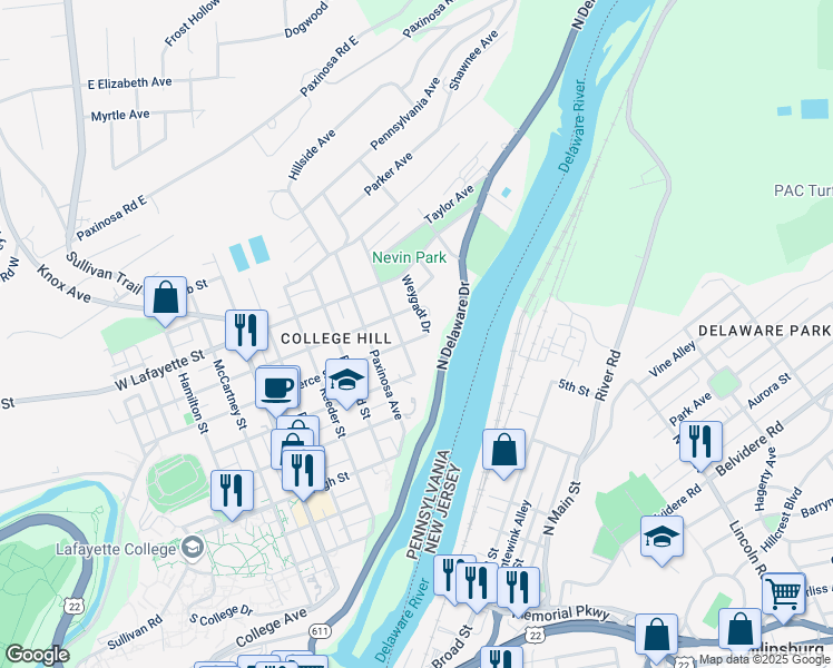 map of restaurants, bars, coffee shops, grocery stores, and more near 620 Weygadt Drive in Easton