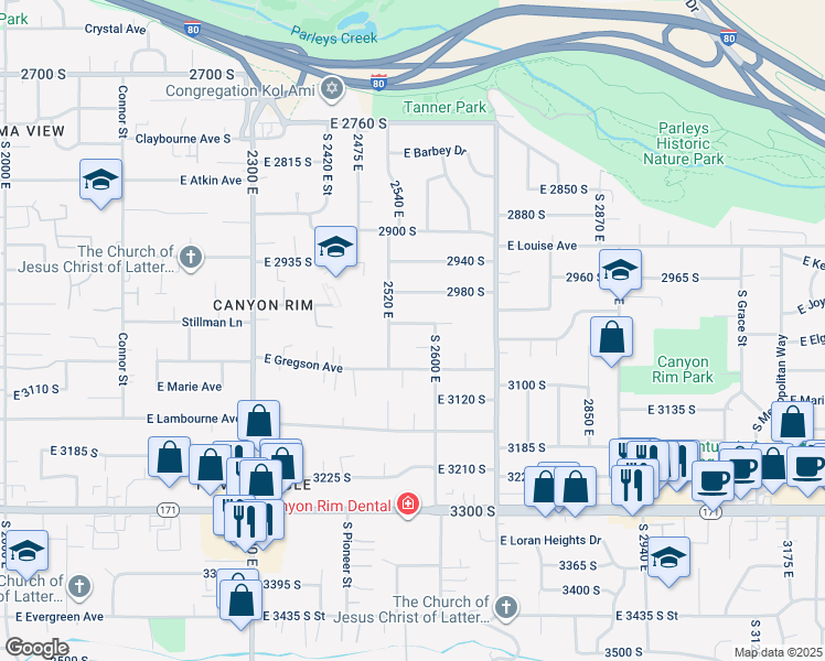 map of restaurants, bars, coffee shops, grocery stores, and more near 2558 East 3020 South in Salt Lake City
