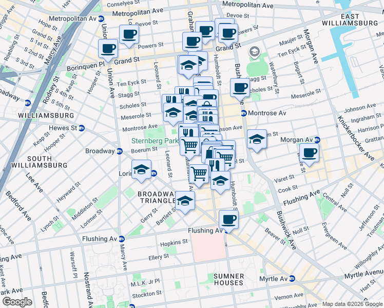 map of restaurants, bars, coffee shops, grocery stores, and more near 124 Boerum Street in Brooklyn