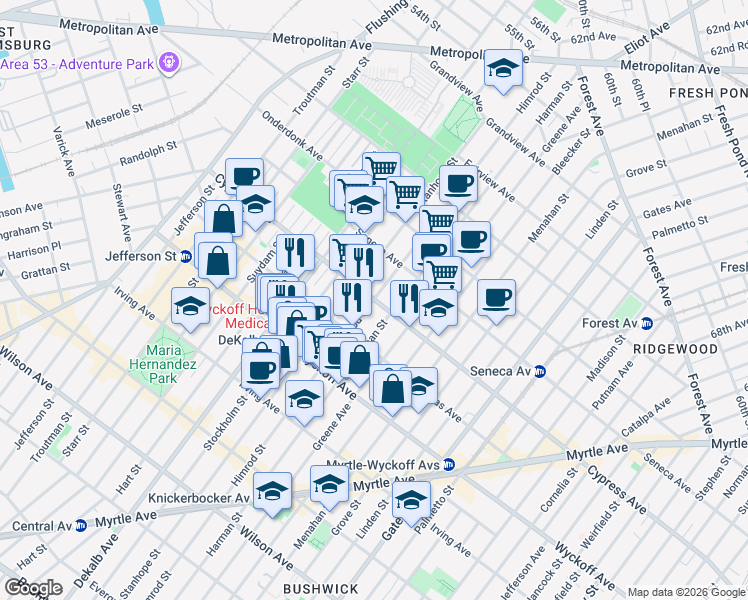 map of restaurants, bars, coffee shops, grocery stores, and more near Cypress Ave & Himrod St in Queens
