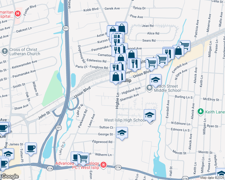 map of restaurants, bars, coffee shops, grocery stores, and more near 43 Hawley Avenue in West Islip