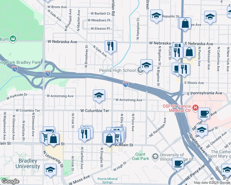 map of restaurants, bars, coffee shops, grocery stores, and more near 1421 North Ellis Street in Peoria