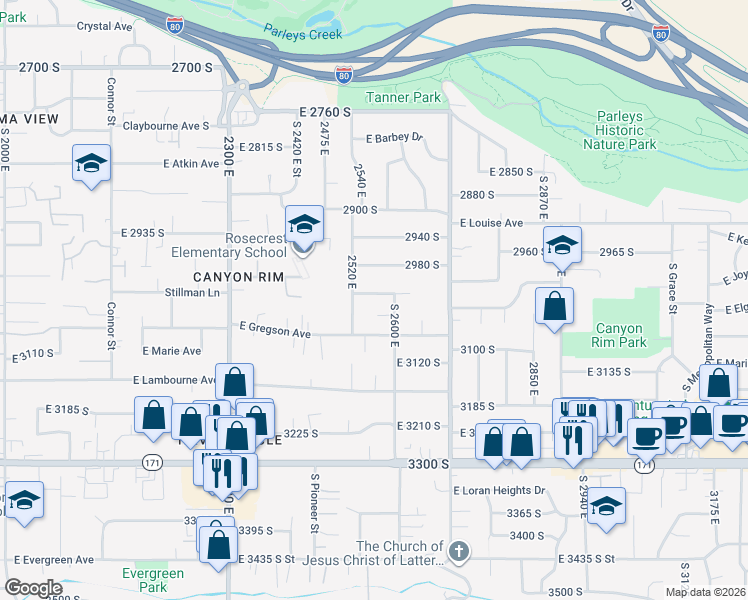 map of restaurants, bars, coffee shops, grocery stores, and more near 2558 East 3020 South in Salt Lake City