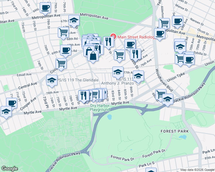 map of restaurants, bars, coffee shops, grocery stores, and more near 78-09 82nd Street in Queens