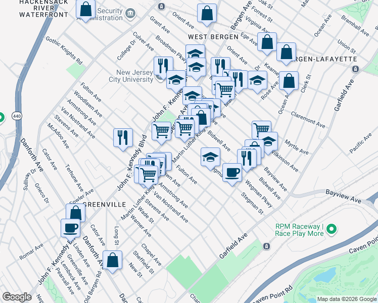 map of restaurants, bars, coffee shops, grocery stores, and more near 168-172 Martin Luther King Drive in Jersey City
