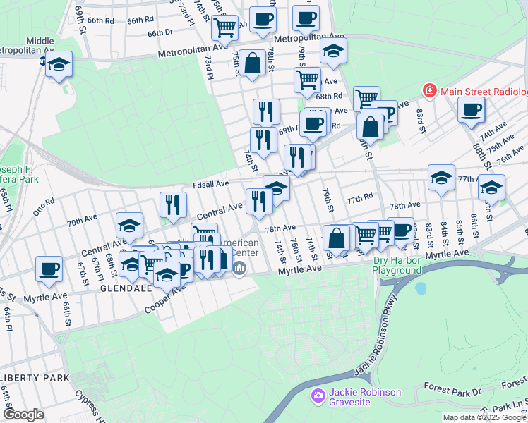 map of restaurants, bars, coffee shops, grocery stores, and more near 77-32 74th Street in Queens