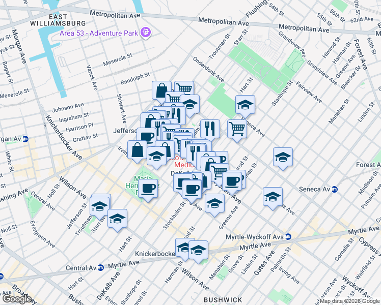 map of restaurants, bars, coffee shops, grocery stores, and more near 985 Hart Street in Brooklyn