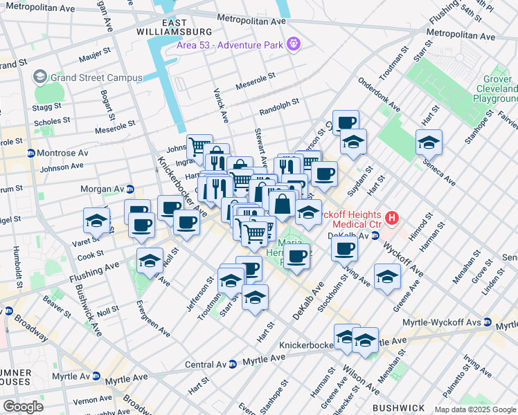 map of restaurants, bars, coffee shops, grocery stores, and more near 444 Melrose Street in Brooklyn
