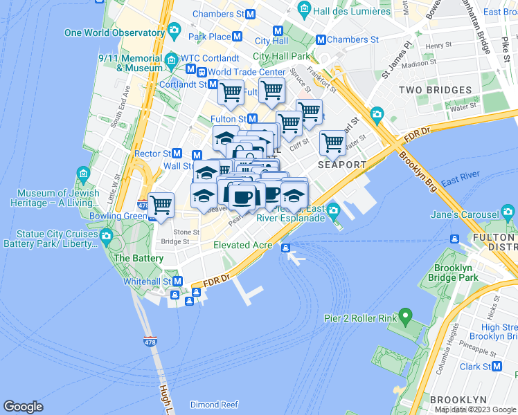 map of restaurants, bars, coffee shops, grocery stores, and more near 67 Wall Street in New York