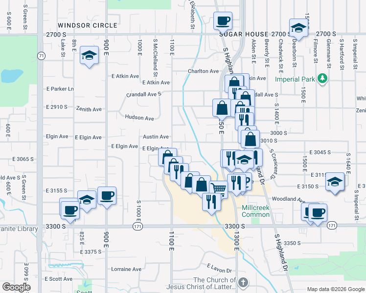 map of restaurants, bars, coffee shops, grocery stores, and more near 1128 Elgin Heights Lane in Salt Lake City