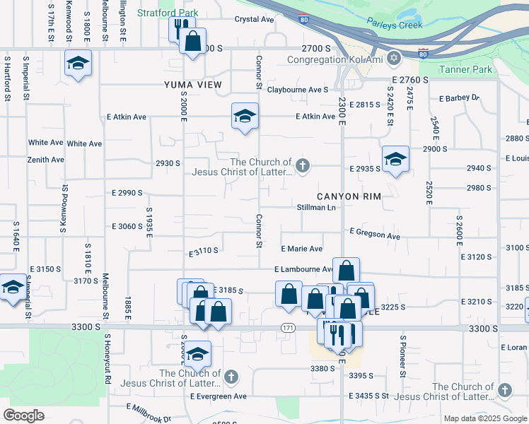 map of restaurants, bars, coffee shops, grocery stores, and more near 3015 Connor Street in Salt Lake City