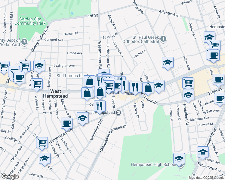 map of restaurants, bars, coffee shops, grocery stores, and more near 114 Hempstead Turnpike in West Hempstead