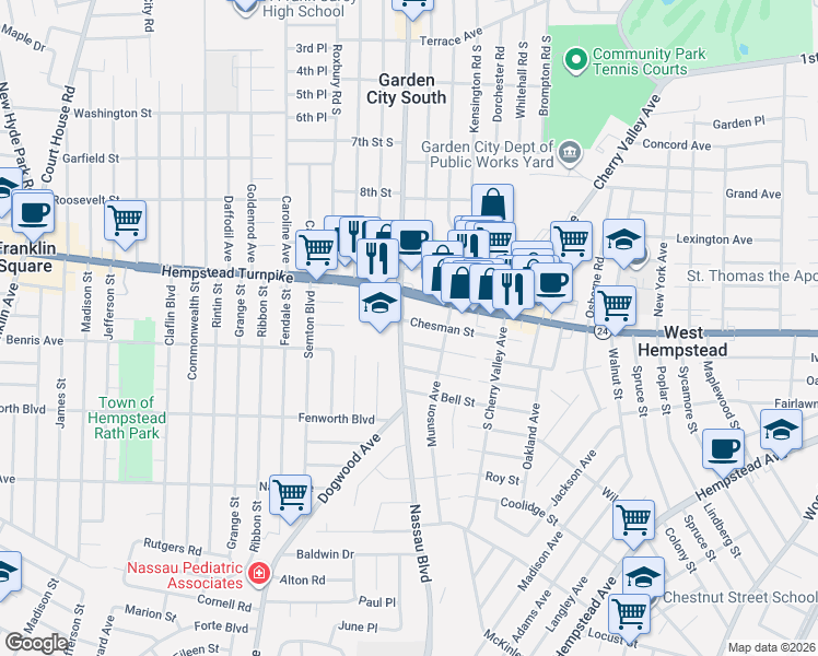 map of restaurants, bars, coffee shops, grocery stores, and more near 564 Chesman Street in West Hempstead