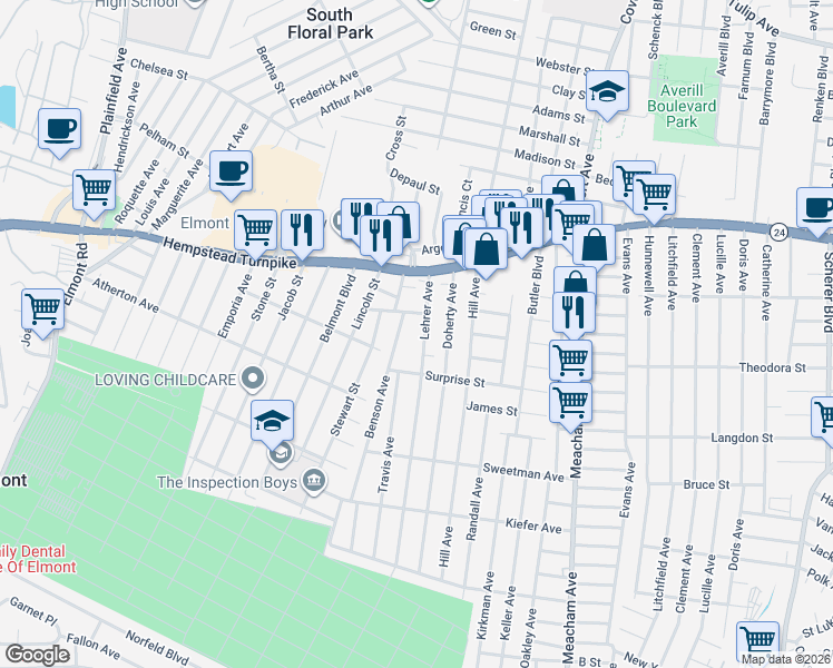 map of restaurants, bars, coffee shops, grocery stores, and more near 52 Lehrer Avenue in Elmont
