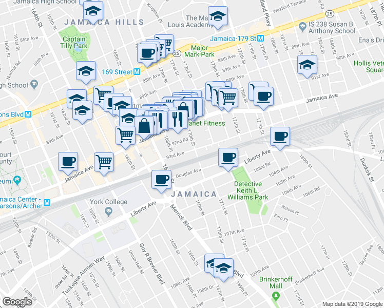 map of restaurants, bars, coffee shops, grocery stores, and more near 168-63 93rd Avenue in Queens