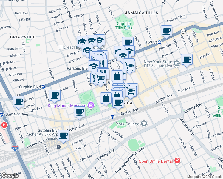 map of restaurants, bars, coffee shops, grocery stores, and more near 89-14 Parsons Boulevard in Queens