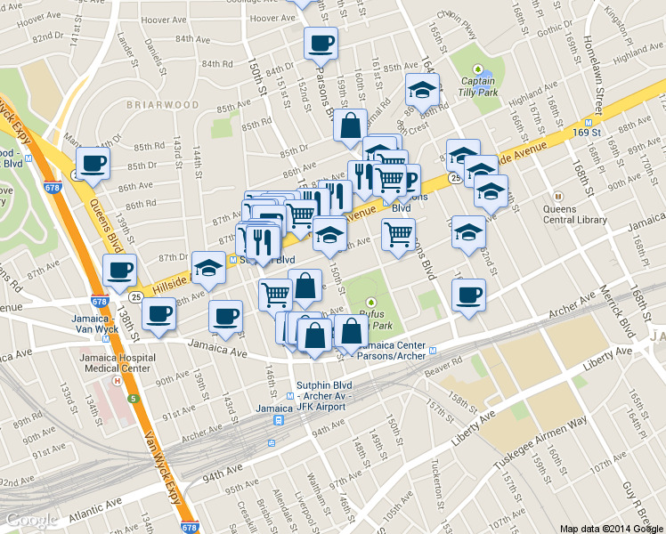 map of restaurants, bars, coffee shops, grocery stores, and more near 150-02 88th Avenue in Queens