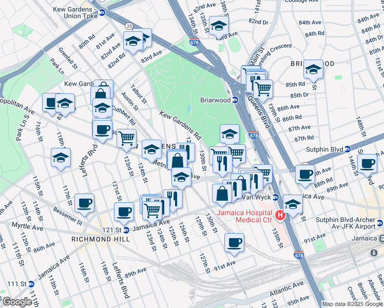 map of restaurants, bars, coffee shops, grocery stores, and more near 84-48 129th Street in Queens