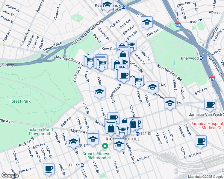 map of restaurants, bars, coffee shops, grocery stores, and more near 83-44 Lefferts Boulevard in Queens