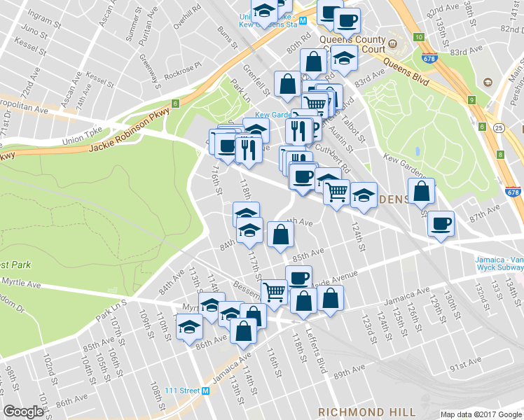 map of restaurants, bars, coffee shops, grocery stores, and more near 83-44 Lefferts Boulevard in Queens