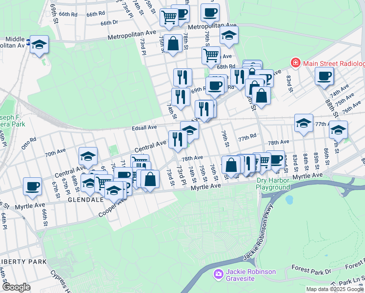 map of restaurants, bars, coffee shops, grocery stores, and more near 74-01 78th Avenue in Queens