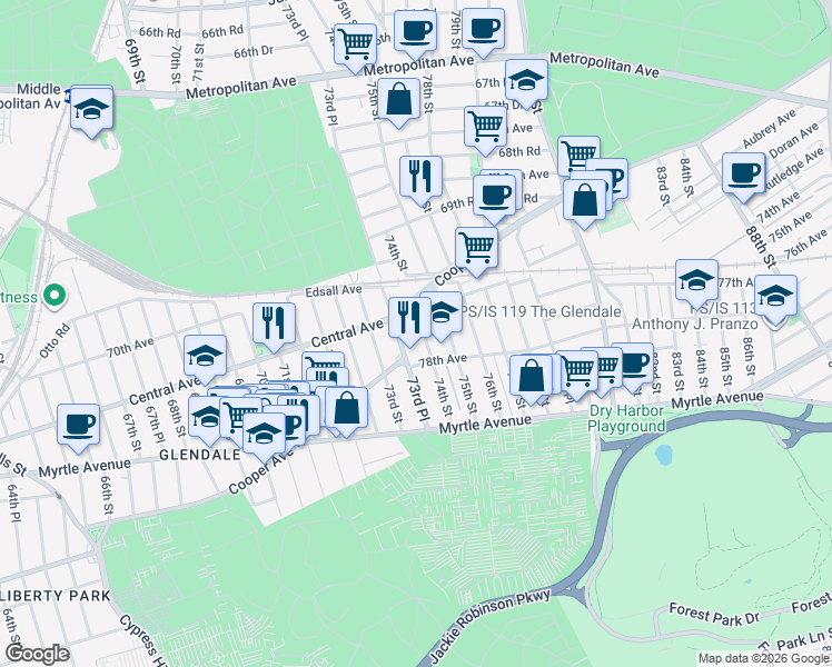map of restaurants, bars, coffee shops, grocery stores, and more near 77-32 74th Street in Queens