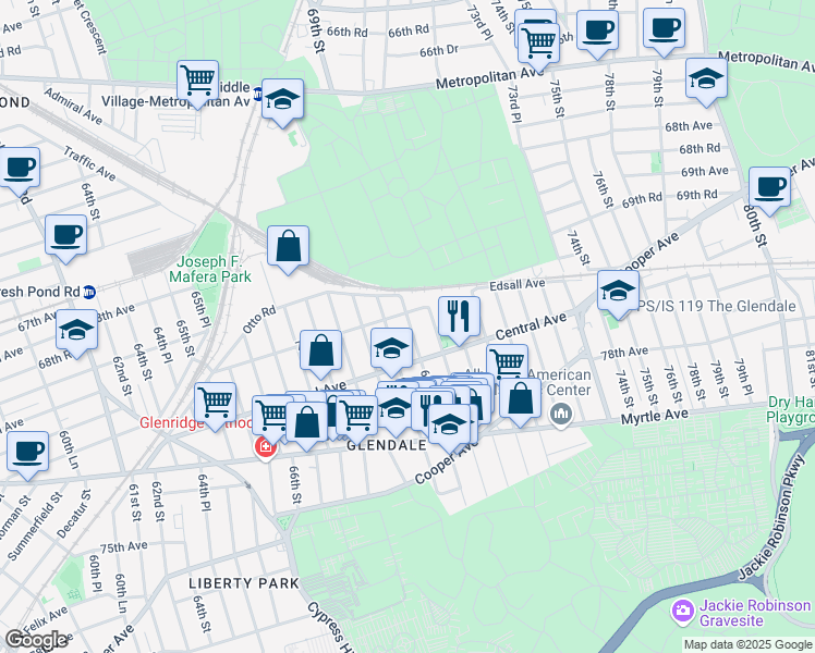 map of restaurants, bars, coffee shops, grocery stores, and more near 69-21 69th Street in Queens