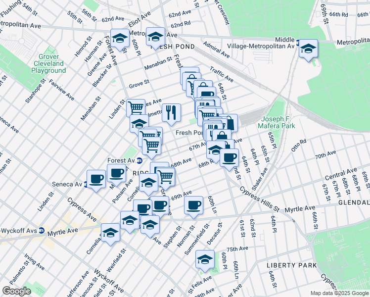 map of restaurants, bars, coffee shops, grocery stores, and more near 66-16 60th Lane in Queens