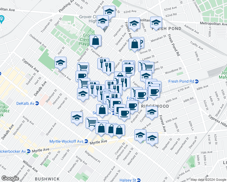 map of restaurants, bars, coffee shops, grocery stores, and more near in Queens