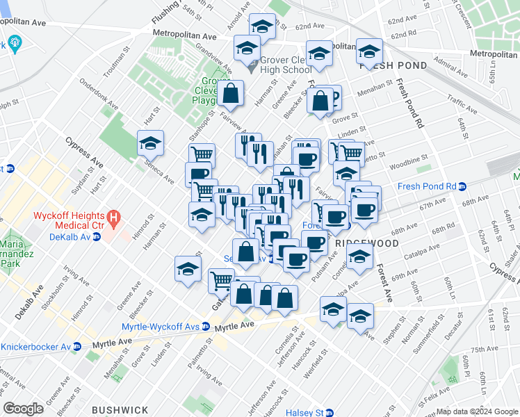 map of restaurants, bars, coffee shops, grocery stores, and more near in Queens