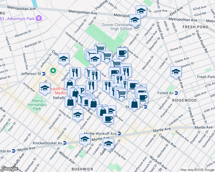 map of restaurants, bars, coffee shops, grocery stores, and more near 17-16 Himrod Street in Queens