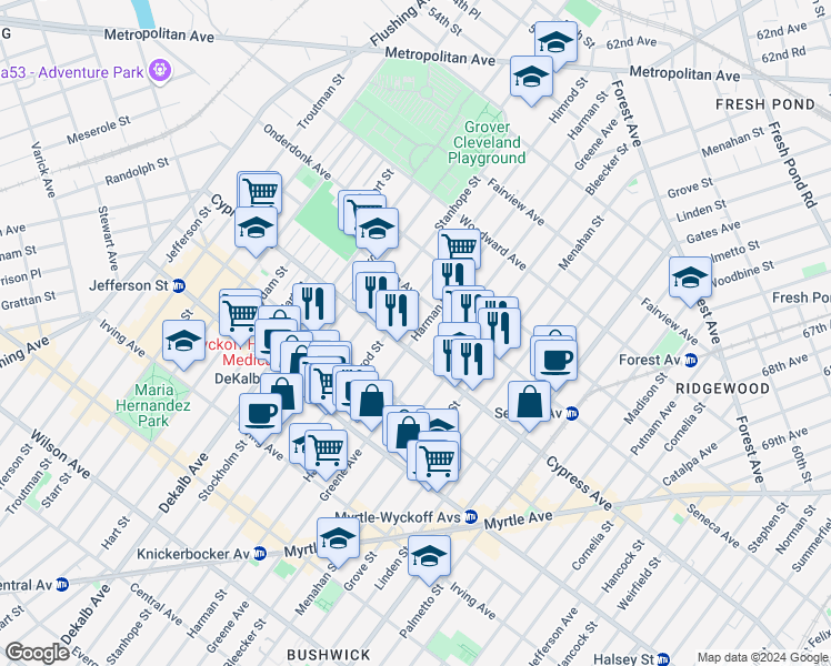 map of restaurants, bars, coffee shops, grocery stores, and more near 17-16 Himrod Street in Queens