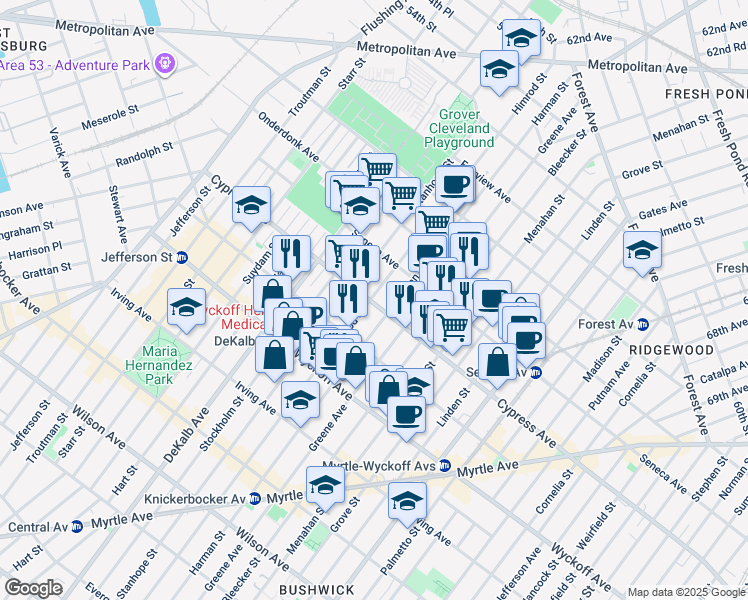 map of restaurants, bars, coffee shops, grocery stores, and more near 17-16 Himrod Street in Queens