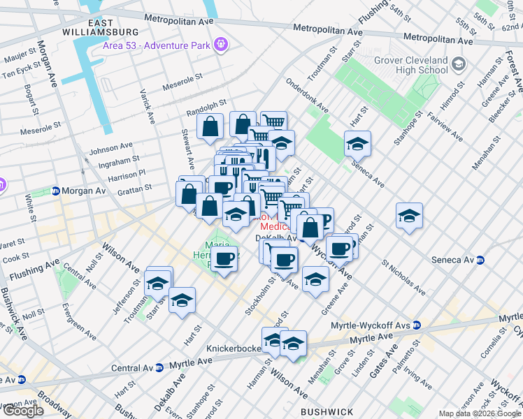 map of restaurants, bars, coffee shops, grocery stores, and more near 52 Wyckoff Avenue in Brooklyn