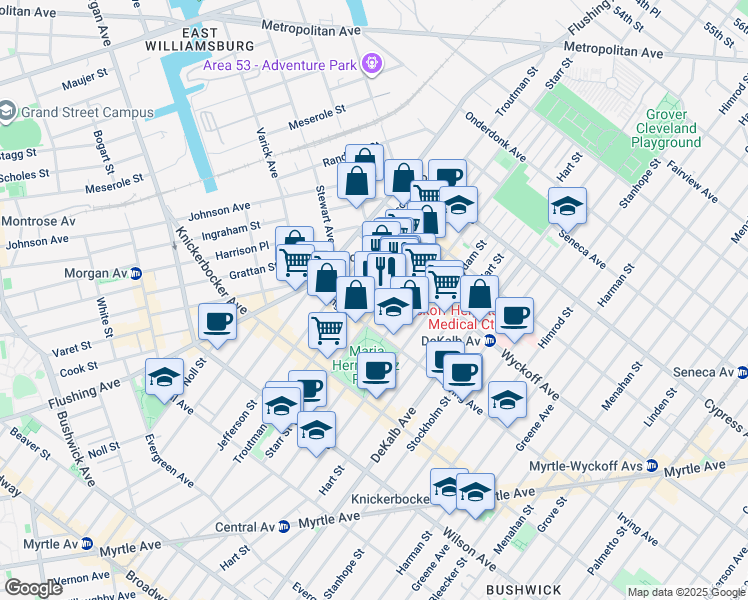 map of restaurants, bars, coffee shops, grocery stores, and more near 229 Starr Street in Brooklyn