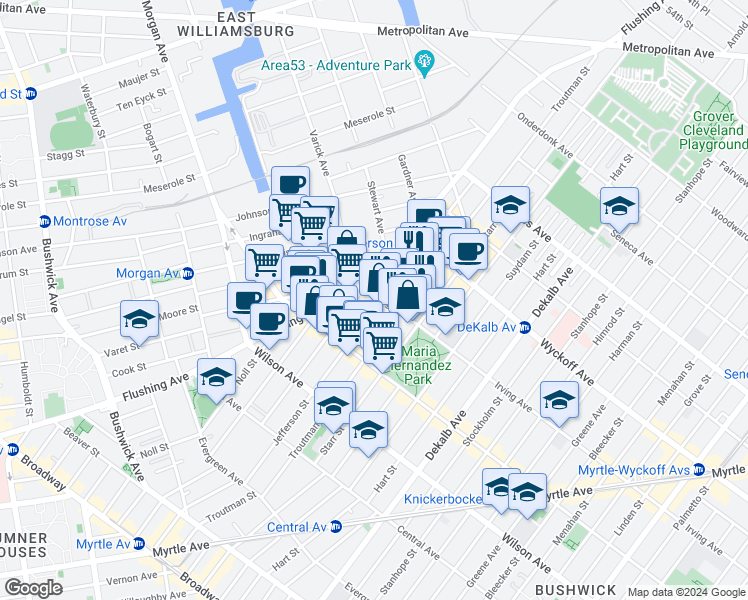 map of restaurants, bars, coffee shops, grocery stores, and more near 444 Melrose Street in Brooklyn