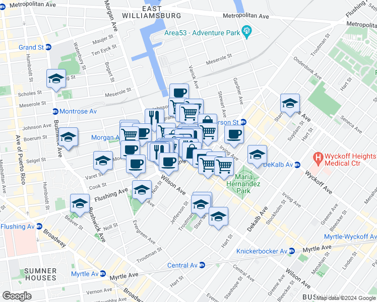 map of restaurants, bars, coffee shops, grocery stores, and more near 95 Thames Street in Brooklyn