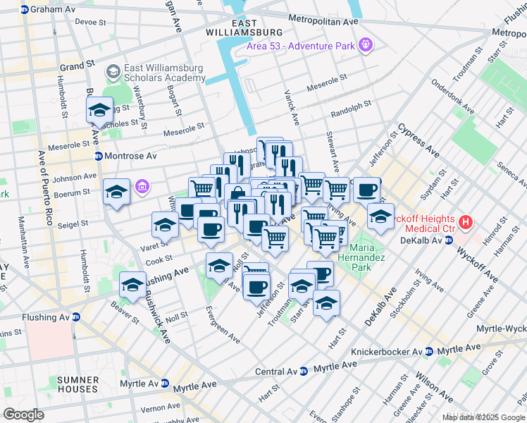 map of restaurants, bars, coffee shops, grocery stores, and more near 96 Knickerbocker Avenue in Brooklyn