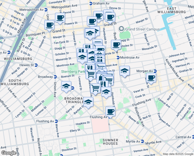 map of restaurants, bars, coffee shops, grocery stores, and more near 124 Boerum Street in Brooklyn