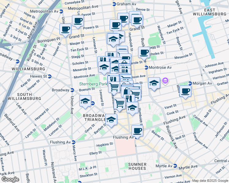 map of restaurants, bars, coffee shops, grocery stores, and more near 124 Boerum Street in Brooklyn